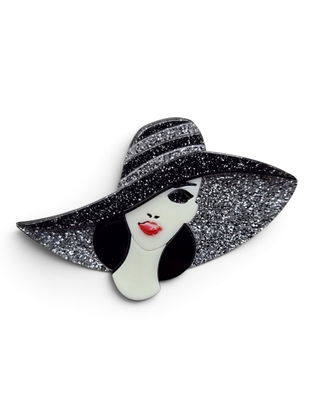 Elegant Black Glitter Wide-Brim Hat Woman Brooch - Fashion Jewelry